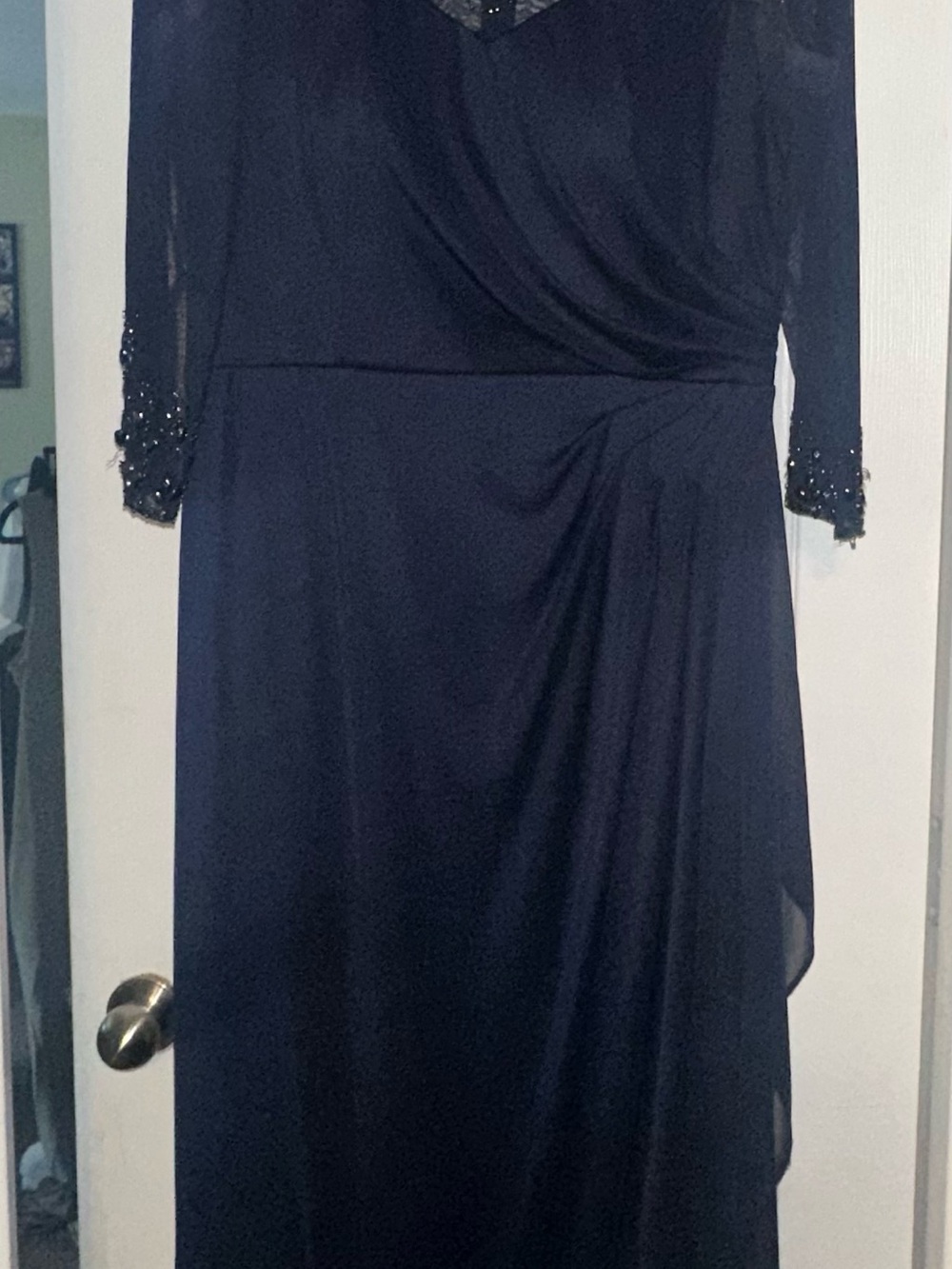 Alex Evenings Navy Long Sleeve Beaded Evening Gown